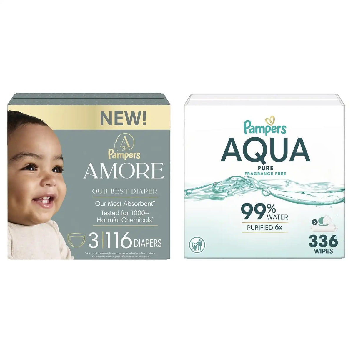Pampers Amore Diapers Size 3, 116 Count, with Pampers Aqua Pure Water Based Baby Wipes 6X Flip-Top Packs (336 Count)