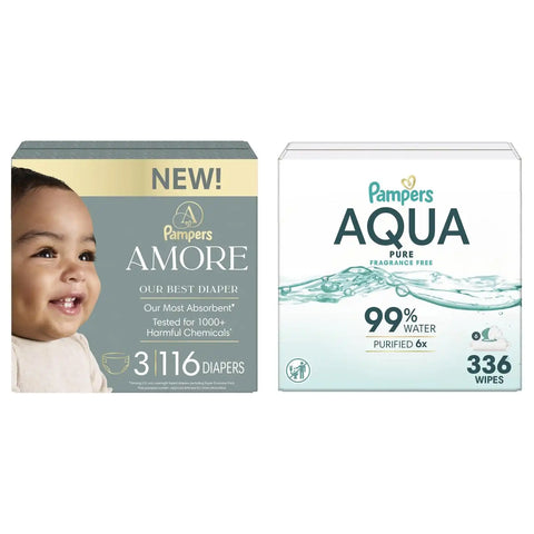 Pampers Amore Diapers Size 3, 116 Count, with Pampers Aqua Pure Water Based Baby Wipes 6X Flip-Top Packs (336 Count)