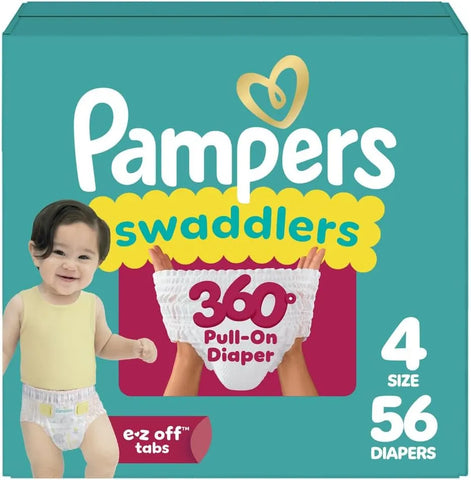 Pampers Diapers - Swaddlers 360° - Size 4, 56 Count, up to 100% Leakproof Comfy Dry Fit, Designed for Easy Changes, Pull On Baby Diaper (Packaging May Vary)