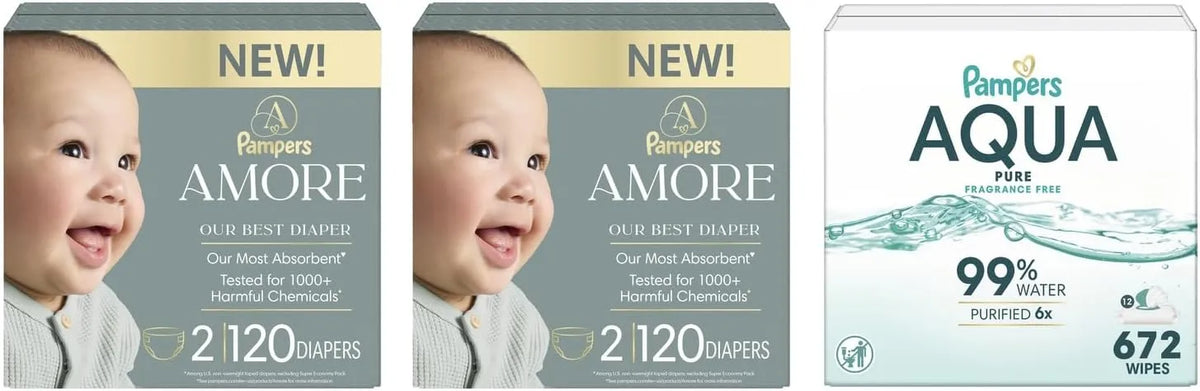 Pampers Amore Diapers Size 2, 2 x 120 Count, with Pampers Aqua Pure Water Based Baby Wipes 12X Flip-Top Packs (672 Count)