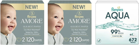 Pampers Amore Diapers Size 2, 2 x 120 Count, with Pampers Aqua Pure Water Based Baby Wipes 12X Flip-Top Packs (672 Count)