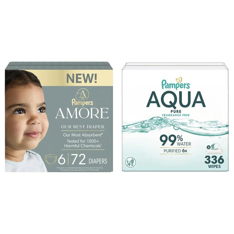 Pampers Amore Diapers Size 6, 72 Count, with Pampers Aqua Pure Water Based Baby Wipes 6X Flip-Top Packs (336 Count)