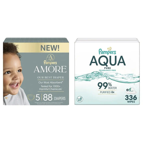 Pampers Amore Diapers Size 5, 88 Count, with Pampers Aqua Pure Water Based Baby Wipes 6X Flip-Top Packs (336 Count)
