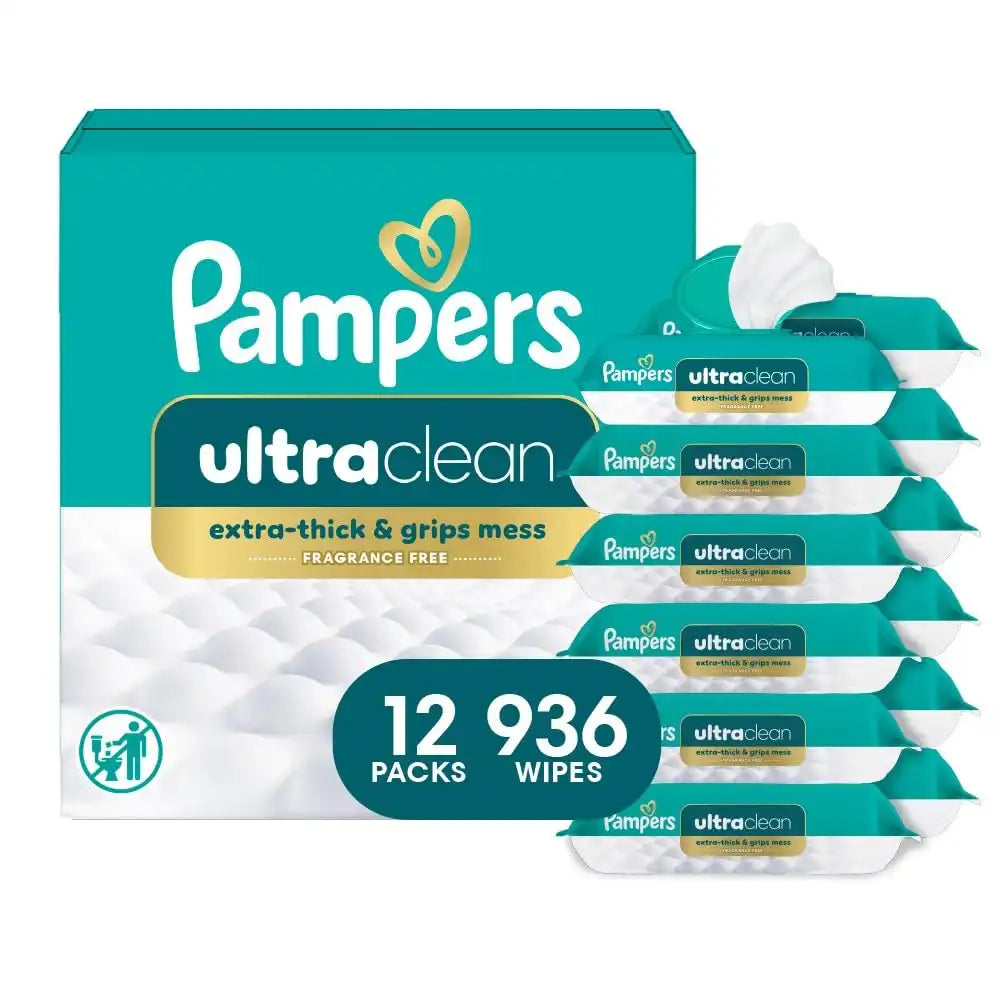 Pampers Ultraclean Baby Wipes (Previously 'Free & Gentle'), 99% Water, Hypoallergenic, Unscented, 100% Plant Based, Plastic-Free, 936 Wipes Total (12X Flip-Top Packs)