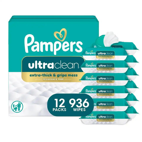 Pampers Ultraclean Baby Wipes (Previously 'Free & Gentle'), 99% Water, Hypoallergenic, Unscented, 100% Plant Based, Plastic-Free, 936 Wipes Total (12X Flip-Top Packs)