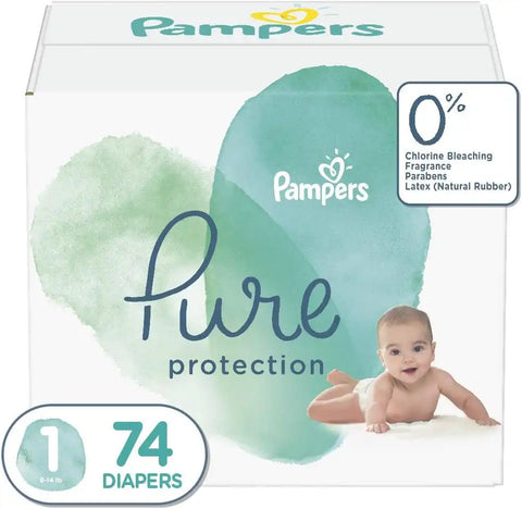 Pampers Diapers Newborn/Size 1 (8-14 lb), Pure Protection Disposable Baby Diapers, Hypoallergenic and Unscented Protection, Super Pack (Old Version), Size 1, 74 Count | Newborn/8-14 lb, Hypoallergenic, Unscented, Super Pack