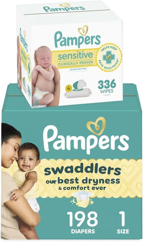 Pampers Swaddlers Disposable Baby Diapers Size 1, One Month Supply (198 Count) with Sensitive Water Based Baby Wipes 4X Pop-Top Packs (336 Count) [Packaging May Vary]
