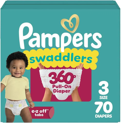 Pampers Diapers - Swaddlers 360° - Size 3, 70 Count, up to 100% Leakproof Comfy Dry Fit, Designed for Easy Changes, Pull On Baby Diaper (Packaging May Vary)