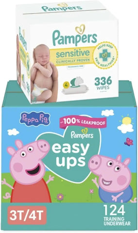 Pampers Easy Ups Pull On Training Pants Peppa Pig, 3T-4T, One Month Supply (124 Count) with Sensitive Water Based Baby Wipes 4X Pop-Top Packs (336 Count)
