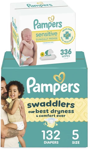 Pampers Swaddlers Disposable Baby Diapers Size 5, One Month Supply (132 Count) with Sensitive Water Based Baby Wipes 4X Pop-Top Packs (336 Count) [Packaging May Vary]