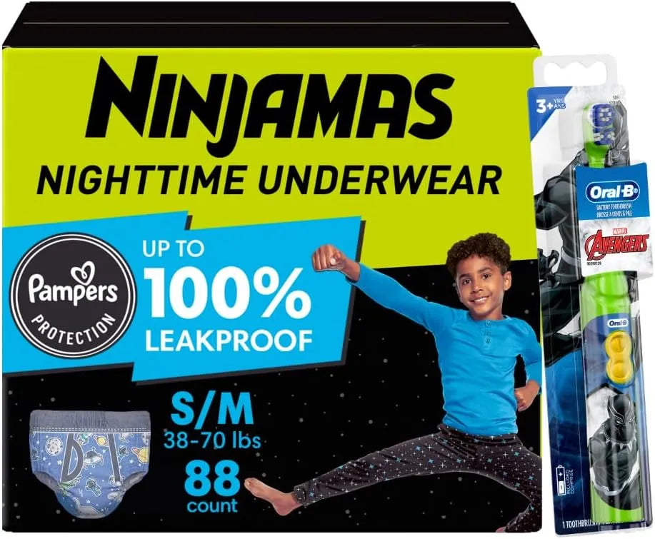 Pampers Ninjamas + Oral-B Toothbrush, Nighttime Training Pants Boys, 88 Count, Size S/M & Oral-B Kids Power Kid's Toothbrush, Avengers