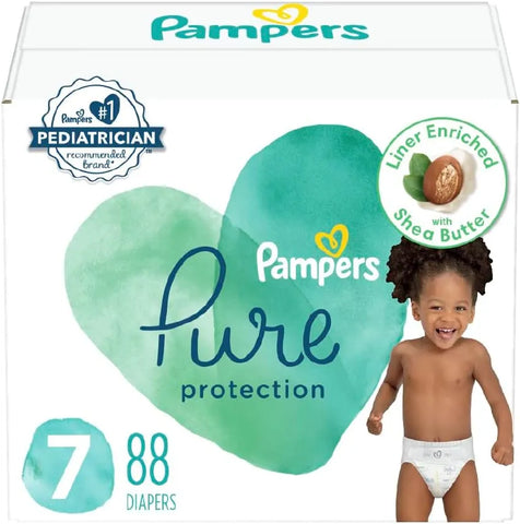 Pampers Baby Diapers - Pure Protection - Size 7, 88 Count, for up to 100% Leakproof, Premium Plant-based Skin Protection