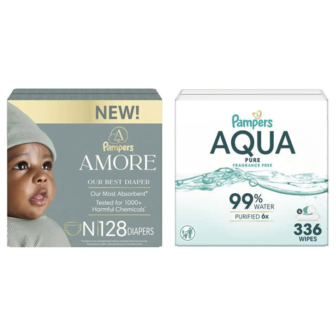 Pampers Amore Diapers Size 0, 128 Count, with Pampers Aqua Pure Water Based Baby Wipes 6X Flip-Top Packs (336 Count)