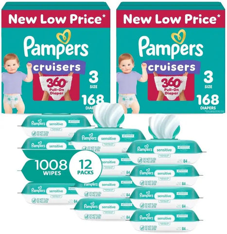 Pampers Pull On Cruisers 360° Fit Disposable Baby Diapers Size 3, 2 Months Supply (2 x 168 Count) with Sensitive Water Based Baby Wipes 12X Multi Pack Pop-Top and Refill (1008 Count)