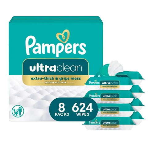 Pampers Ultraclean Baby Wipes (Previously 'Free & Gentle'), 99% Water, Hypoallergenic, Unscented, 100% Plant Based, Plastic-Free, 624 Wipes Total (8X Flip-Top Packs)