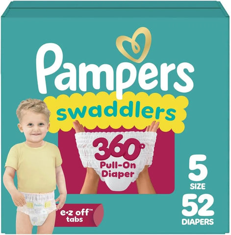 Pampers Diapers - Swaddlers 360° - Size 5, 52 Count, up to 100% Leakproof Comfy Dry Fit, Designed for Easy Changes, Pull On Baby Diaper (Packaging May Vary)