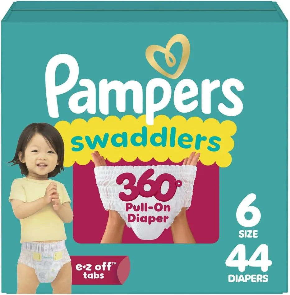 Pampers Diapers - Swaddlers 360° - Size 6, 44 Count, up to 100% Leakproof Comfy Dry Fit, Designed for Easy Changes, Pull On Baby Diaper (Packaging May Vary)