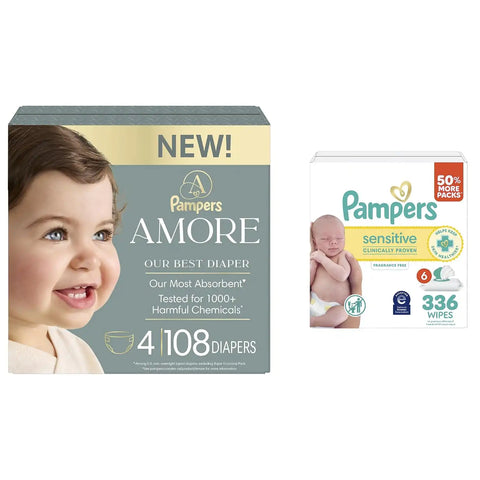 Pampers Amore Diapers Size 4, 108 Count, with Pampers Sensitive Water Based Baby Wipes 4X Flip-Top Packs (336 Count) [Packaging May Vary]
