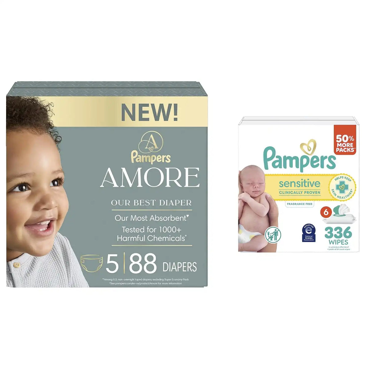 Pampers Amore Diapers Size 5, 88 Count, with Pampers Sensitive Water Based Baby Wipes 4X Flip-Top Packs (336 Count) [Packaging May Vary]