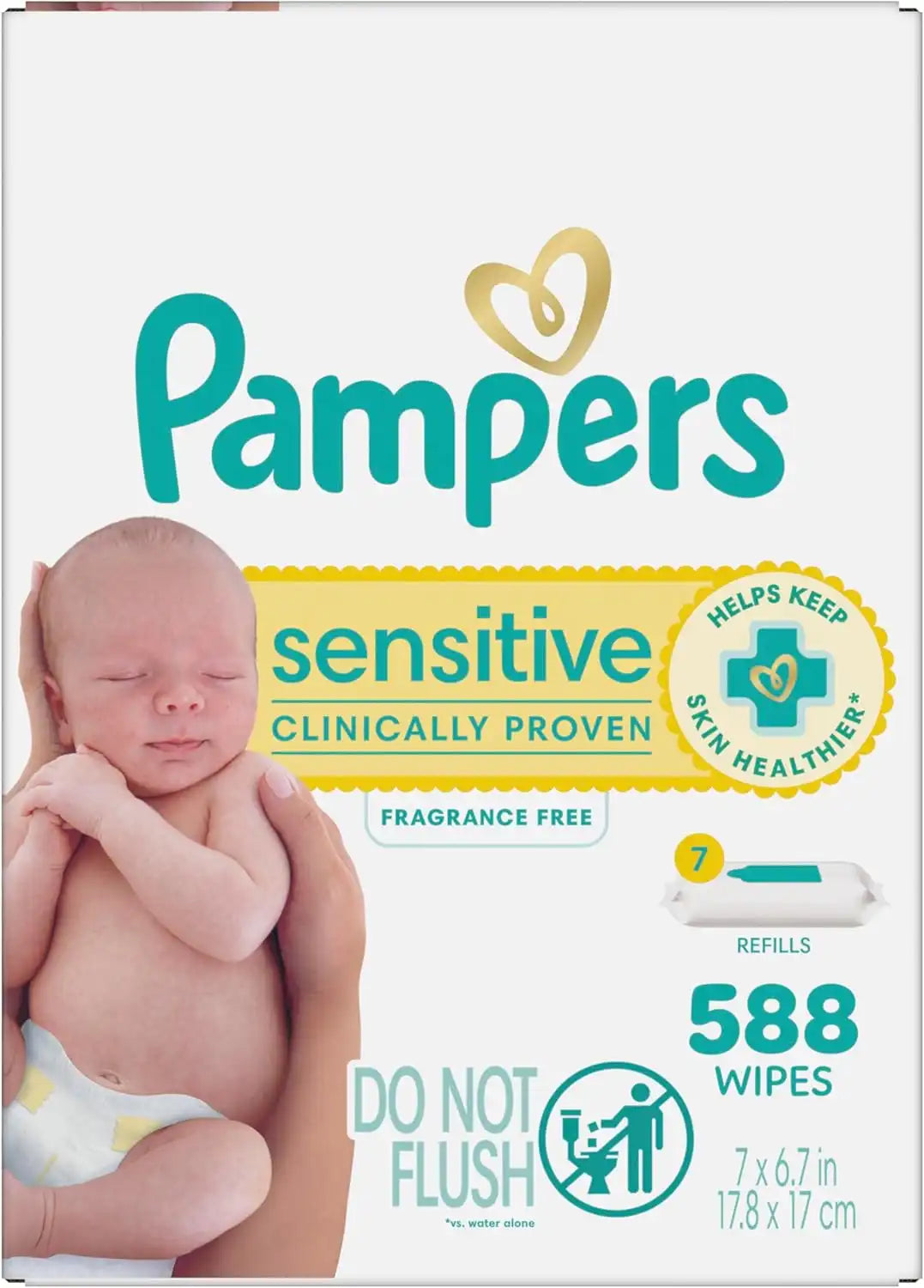 Pampers Sensitive Baby Wipes, Water Based Baby Wipes, Fragrance Free and Hypoallergenic, 588 Wipes Total (7X Refill Packs) [Packaging May Vary]