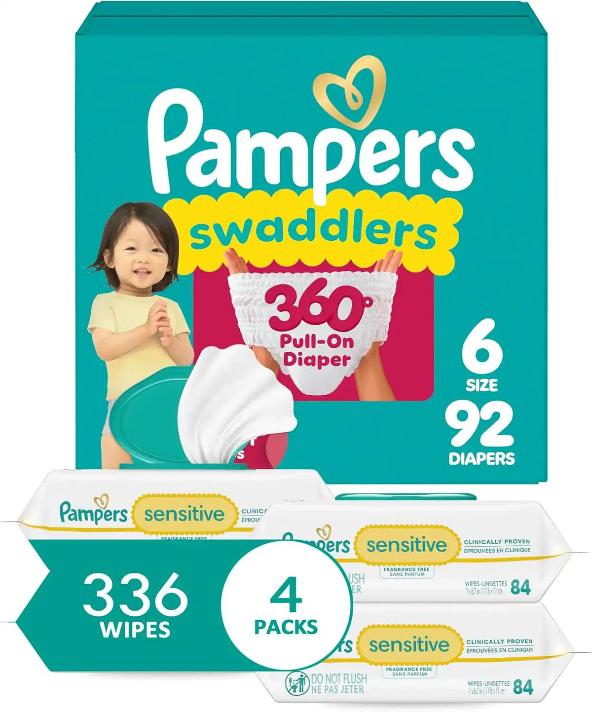 Pampers Swaddlers 360 Pull-On Diapers, Size 6, 92 Count, with Sensitive Baby Wipes, 4 Flip-Top Packs (336 Wipes Total) [Packaging May Vary]