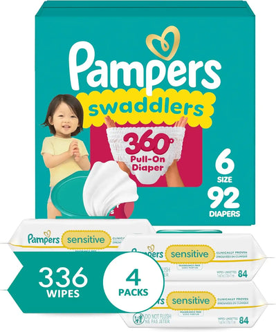 Pampers Swaddlers 360 Pull-On Diapers, Size 6, 92 Count, with Sensitive Baby Wipes, 4 Flip-Top Packs (336 Wipes Total) [Packaging May Vary]