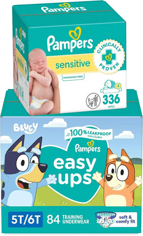 Pampers Easy Ups and Baby Wipes - Pull On Disposable Potty Training Underwear for Boys and Girls, Size 7 (5T-6T), 84 Count, ONE MONTH SUPPLY with Sensitive Wipes, 6X Pop-Top Packs, 336 Count