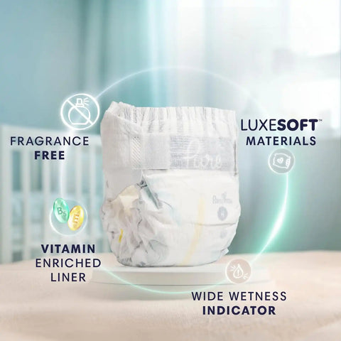 Pampers Pure Baby Diapers, Size 2 (12-18 lbs), 186, Up to 100% Leakproof, Premium Hypoallergenic Soft Diapers