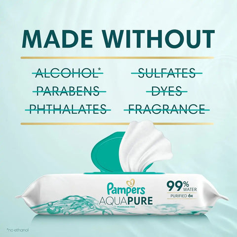 Pampers Aqua Pure Baby Wipes, 99% Water, Fragrance Free, Unscented, Water Based, Multi-Use, 672 Wipes Total (12X Flip-Top Packs) [Packaging May Vary]