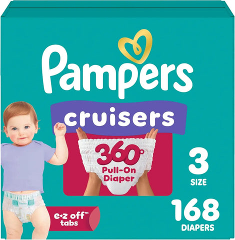 Pampers Diapers - Cruisers 360 - Size 3, 168 Count, Babyproof, up to 100% Leakproof Pull-On Diaper (Packaging May Vary)