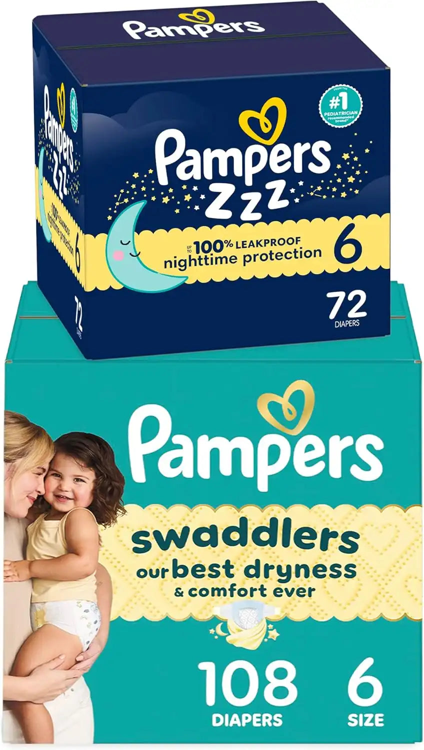 Bundle of Pampers Swaddlers Diapers, Size 6 (23-44 lbs), 108 Count, Absorbent, Pampers ZZZ Overnight Diapers, Size 5 (27+ lbs), 88 Count, Nighttime Protection Disposable Baby Diaper