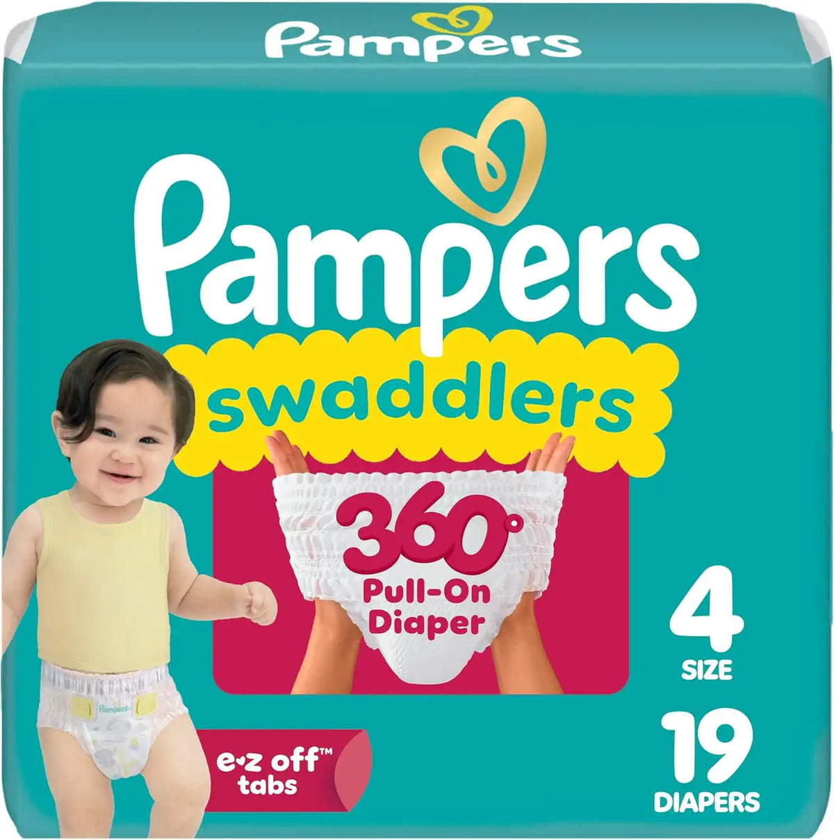 Pampers Diapers - Swaddlers 360° - Size 4, 19 Count, up to 100% Leakproof Comfy Dry Fit, Designed for Easy Changes, Pull On Baby Diaper
