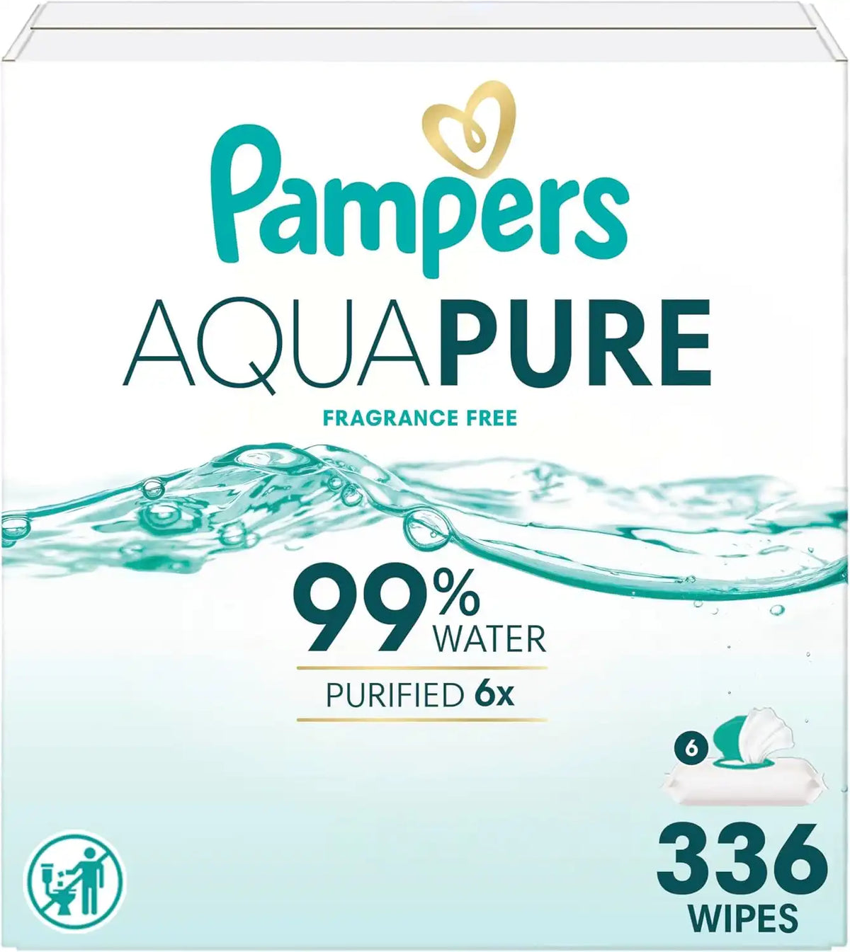 Pampers Aqua Pure Baby Wipes, 99% Water, Fragrance Free, Unscented, Water Based, Multi-Use, 336 Wipes Total (6X Flip-Top Packs) [Packaging May Vary]