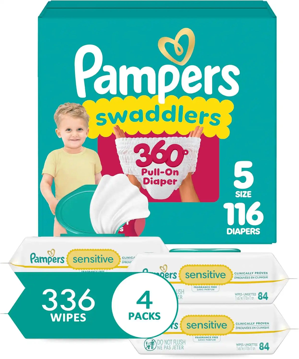 Pampers Swaddlers 360 Pull-On Diapers, Size 5, 116 Count, with Sensitive Baby Wipes, 4 Flip-Top Packs (336 Wipes Total) [Packaging May Vary]