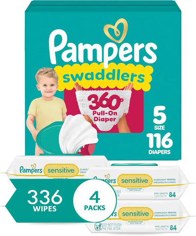 Pampers Swaddlers 360 Pull-On Diapers, Size 5, 116 Count, with Sensitive Baby Wipes, 4 Flip-Top Packs (336 Wipes Total) [Packaging May Vary]