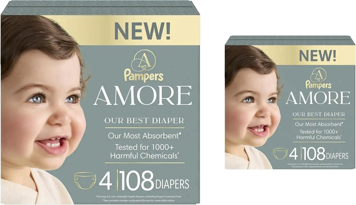 Pampers Amore Diapers Size 4, 2 x 108 Count, with Pampers Aqua Pure Water Based Baby Wipes 12X Flip-Top Packs (672 Count)