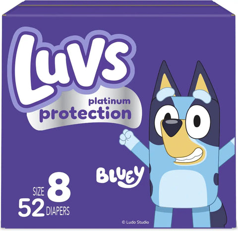 Luvs Size 8 Baby Diapers, Platinum Protection Bluey Diapers for Day & Night,Size 8 (46+ lb), 52 Count