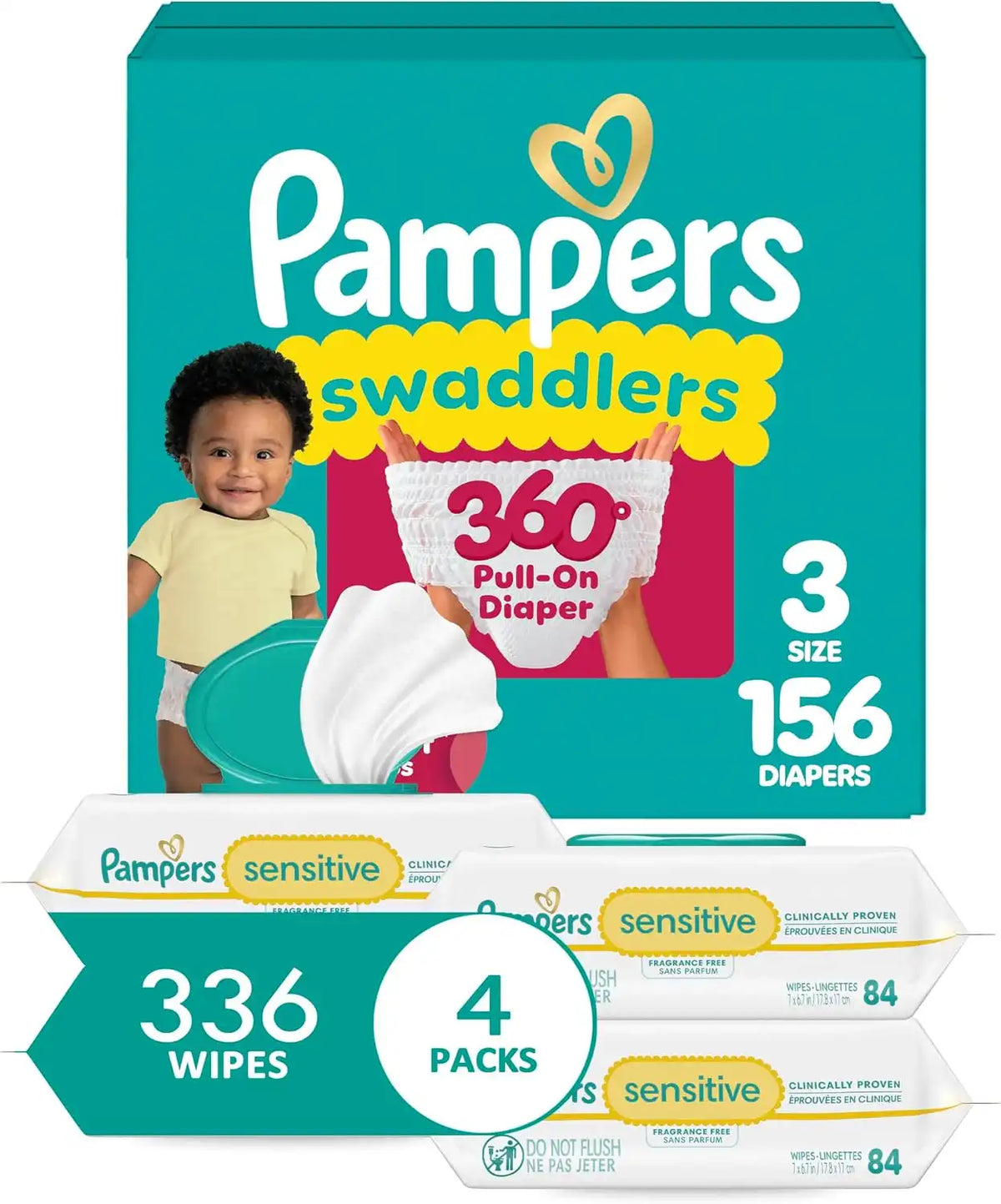 Pampers Swaddlers 360 Pull-On Diapers, Size 3, 156 Count, with Sensitive Baby Wipes, 4 Flip-Top Packs (336 Wipes Total) [Packaging May Vary]