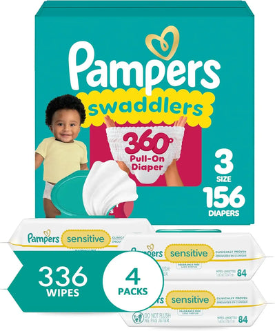 Pampers Swaddlers 360 Pull-On Diapers, Size 3, 156 Count, with Sensitive Baby Wipes, 4 Flip-Top Packs (336 Wipes Total) [Packaging May Vary]