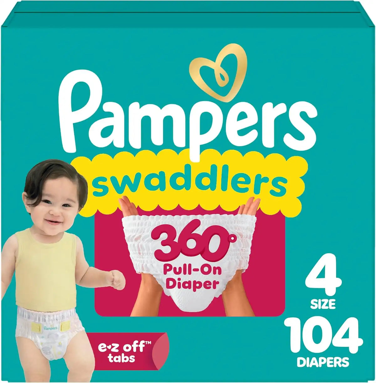 Pampers Diapers - Swaddlers 360° - Size 4, 104 Count, up to 100% Leakproof Comfy Dry Fit, Designed for Easy Changes, Pull On Baby Diaper (Packaging May Vary)