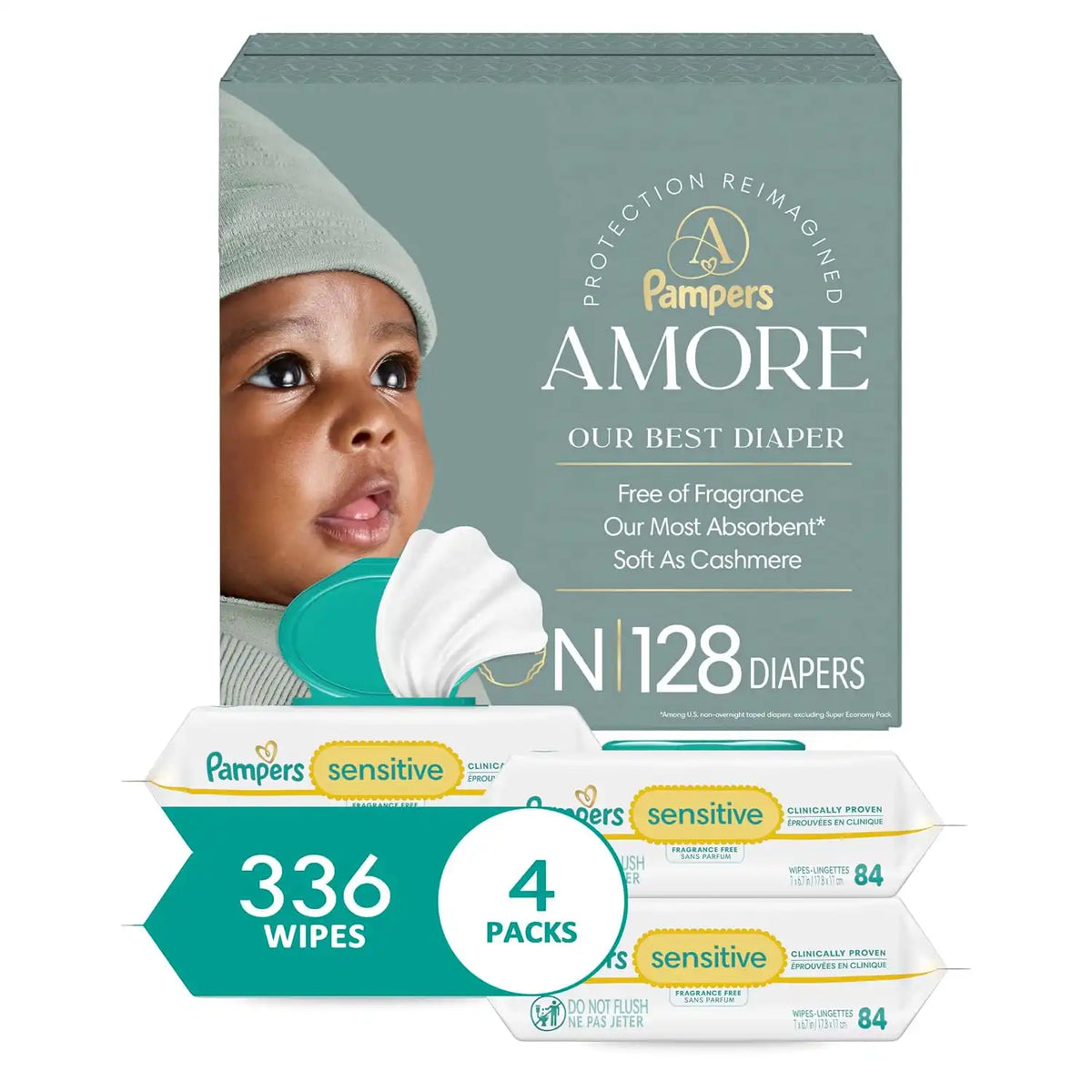 Pampers Amore Diapers Size 0, 128 Count, with Pampers Sensitive Water Based Baby Wipes 4X Flip-Top Packs (336 Count) [Packaging May Vary]