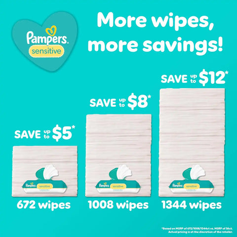 Pampers Sensitive Baby Wipes, Water Based, Clinically Proven, Hypoallergenic, and Unscented for Babies, 1008 Wipes Total (12 Flip-Top Packs) [Packaging May Vary]