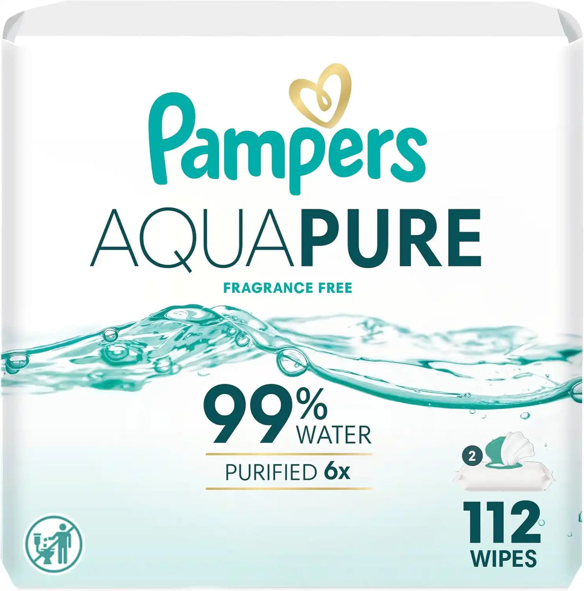 Pampers Aqua Pure Baby Wipes, 99% Water, Fragrance Free, Unscented, Water Based, Multi-Use, 112 Wipes Total (2X Flip-Top Packs) [Packaging May Vary]