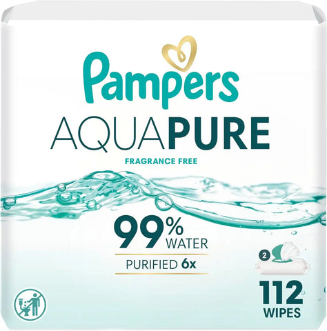 Pampers Aqua Pure Baby Wipes, 99% Water, Fragrance Free, Unscented, Water Based, Multi-Use, 112 Wipes Total (2X Flip-Top Packs) [Packaging May Vary]