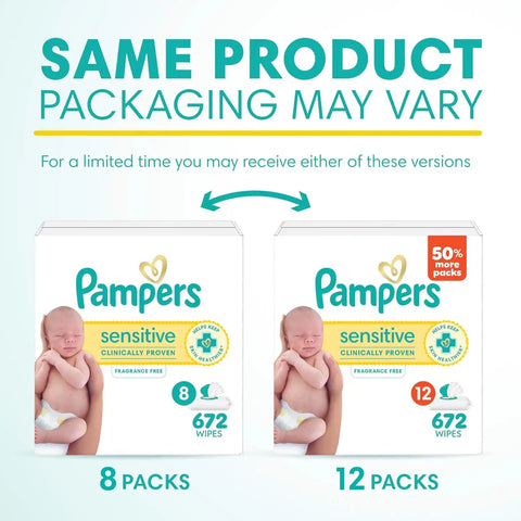 Pampers Sensitive Baby Wipes, Clinically Proven, Fragrance Free, Unscented, Water Based, Hypoallergenic, Multi-Use, Hand Wipes 672 Wipes Total (12X Flip-Top Packs) [Packaging May Vary]