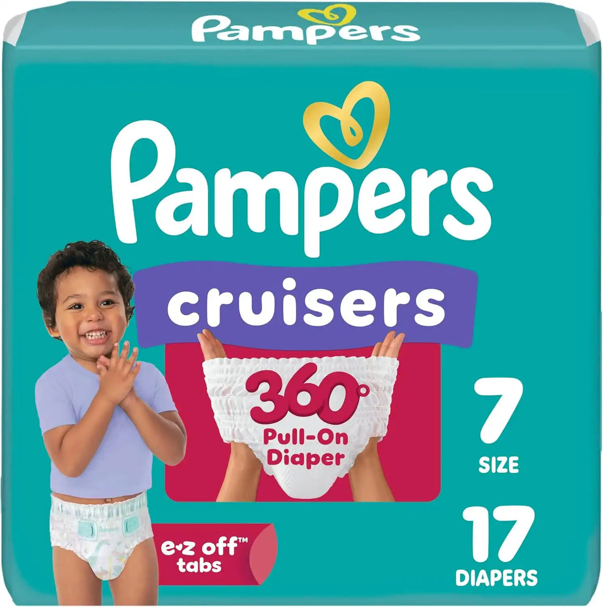 Pampers Diapers - Cruisers 360 - Size 7, 17 Count, Babyproof up to 100% Leakproof Pull-On Diaper (Packaging May Vary)