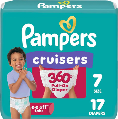 Pampers Diapers - Cruisers 360 - Size 7, 17 Count, Babyproof up to 100% Leakproof Pull-On Diaper (Packaging May Vary)