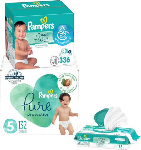 Pampers Pure Protection Disposable Baby Diapers Size 5, One Month Supply (132 Count) with Aqua Pure Baby Wipes, 6X Pop-Top Packs (336 Count)