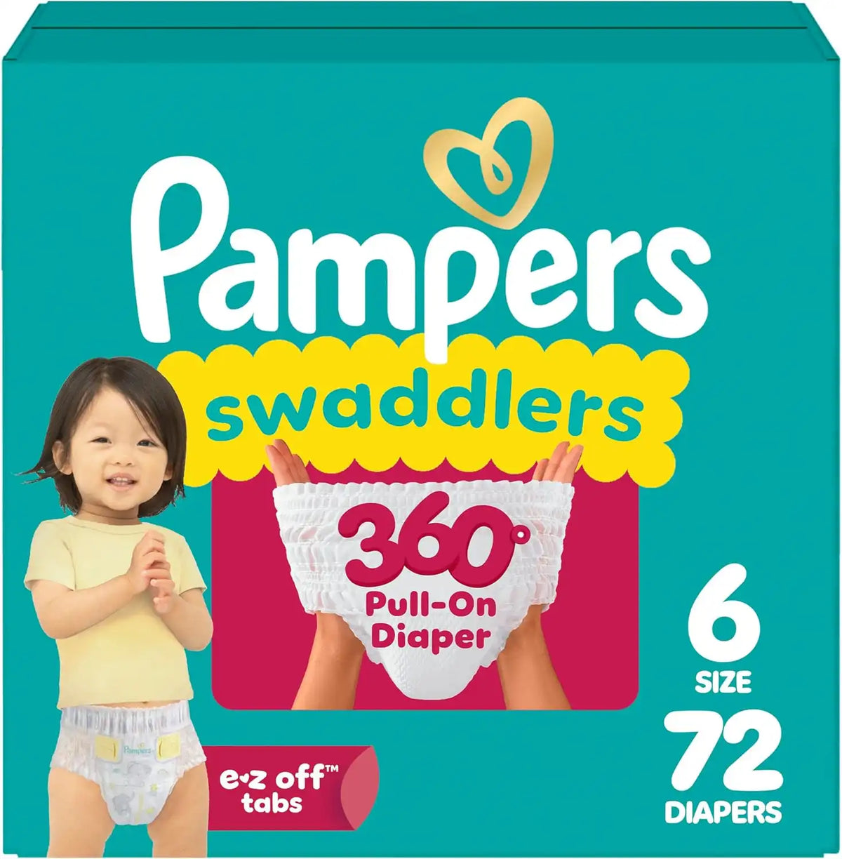 Pampers Diapers - Swaddlers 360° - Size 6, 72 Count, up to 100% Leakproof Comfy Dry Fit, Designed for Easy Changes, Pull On Baby Diaper (Packaging May Vary)