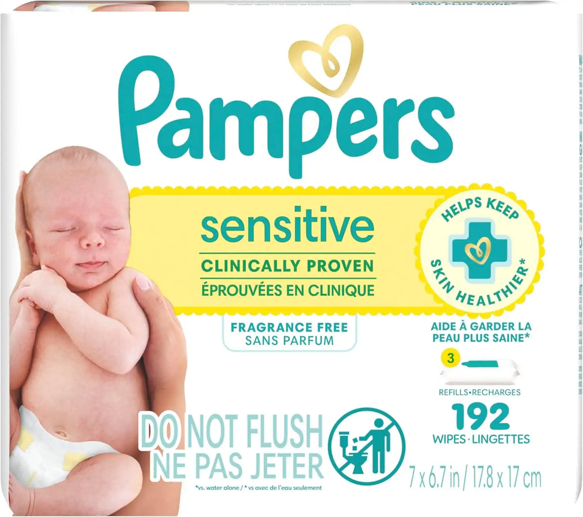 Pampers Sensitive Baby Wipes, Water Based Baby Wipes, Fragrance Free and Hypoallergenic, 192 Wipes Total (3X Refill Packs) [Packaging May Vary]